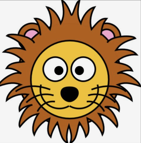 A cartoon lion face with a brown spiky mane and whiskers