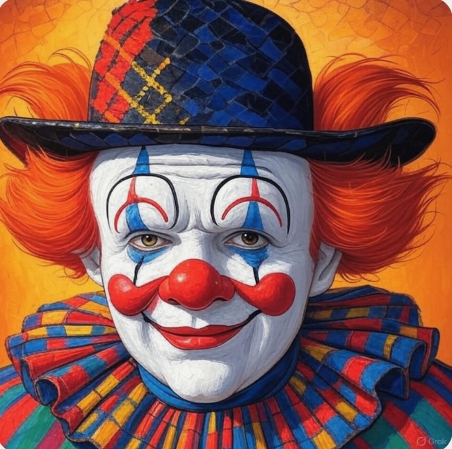 A colorful painted clown portrait with orange hair and a plaid ruffled collar