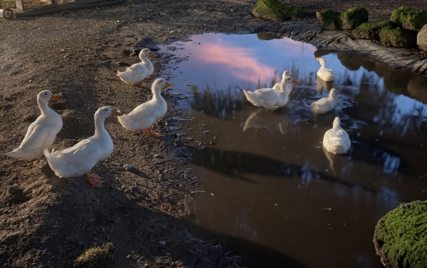 A group of white ducks resting and paddling in the muddy farm pond at twilight