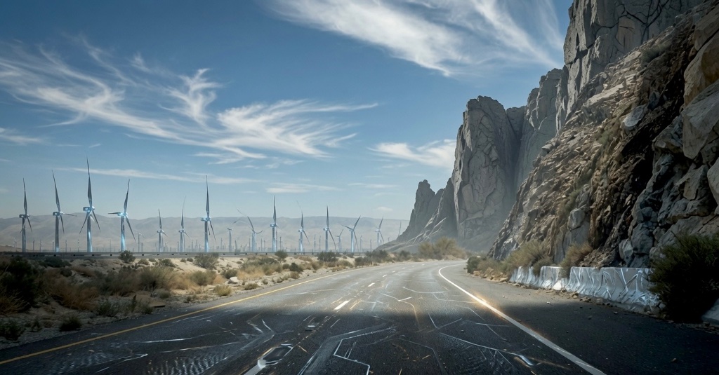 A long straight road stretching toward a desert horizon lined with wind turbines, a jagged cliff rising at its side under a streaked blue sky