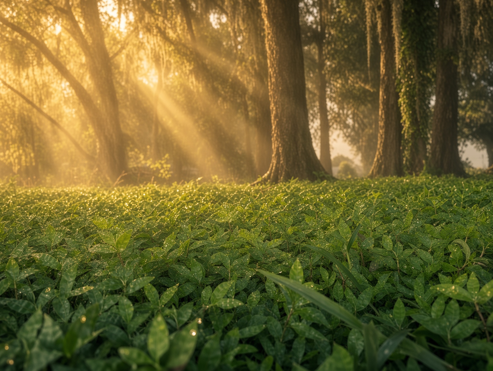 Golden morning light streaming through Spanish-moss-draped trees over a lush green ground cover