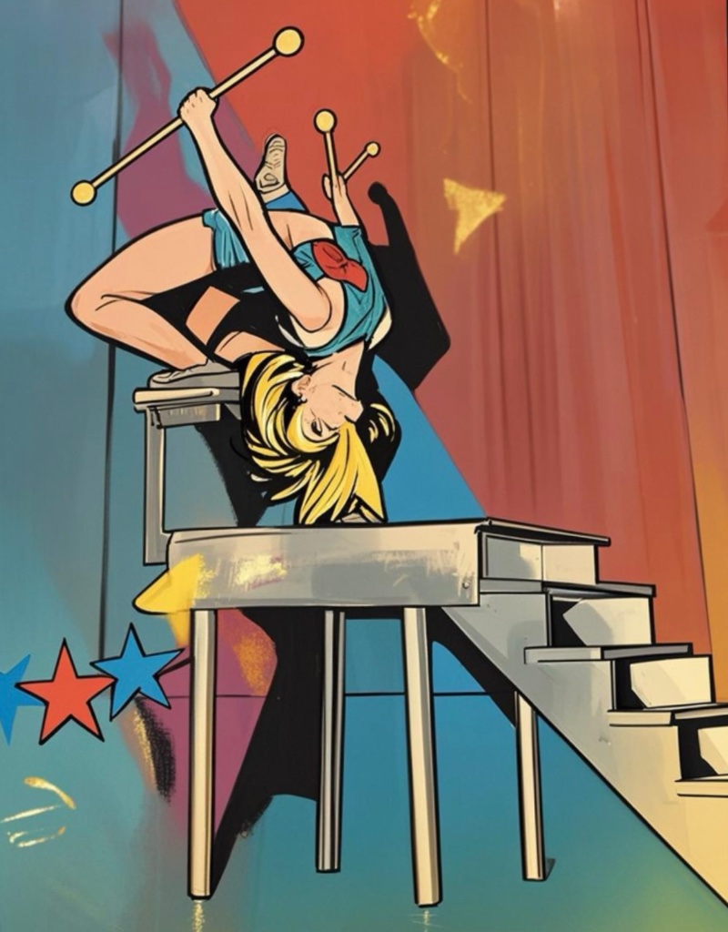 A girl in an arch — a pop-art gymnast flipping off the vaulting table