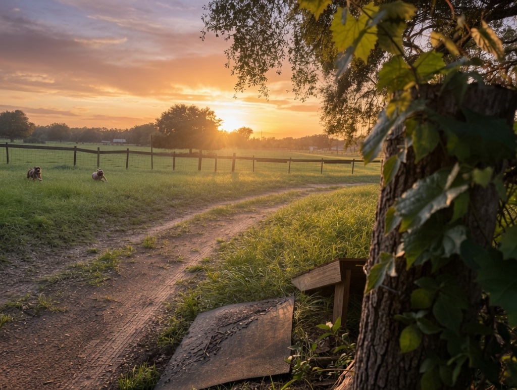 Two dogs walking the dirt path back toward the setting sun, the farm pasture opening up behind