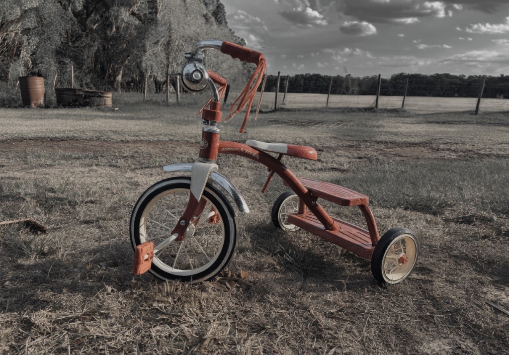 A classic red Radio Flyer tricycle in selective color against a grey Florida farm field