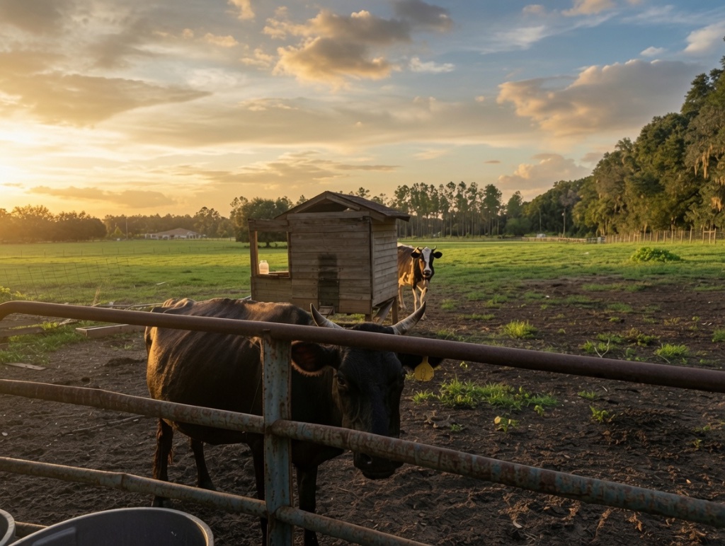 A dark horned cow and a second patchwork cow grazing beside the weathered wooden shed at sunset
