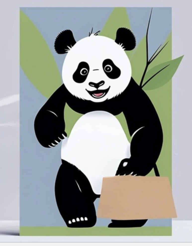 A cartoon panda on a greeting card background