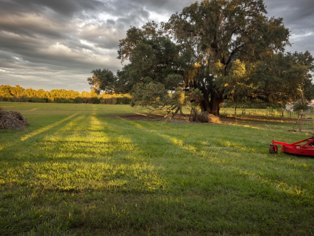 A moss-draped live oak at golden hour, casting long shadows across the mowed pasture