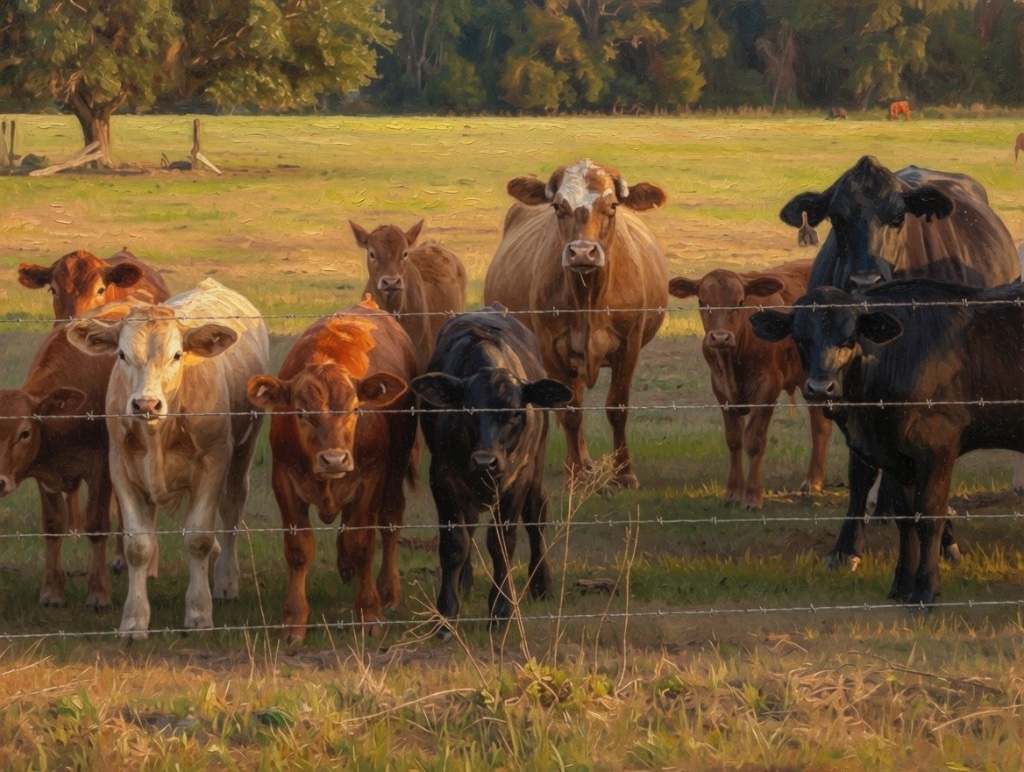 A herd of cows and calves grazing behind a barbed-wire fence in a warm golden-hour pasture, a lone tree on the horizon