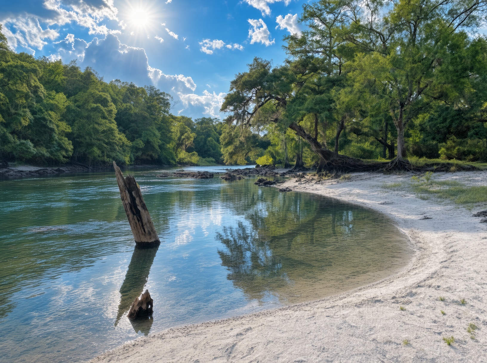 A clear Florida river with a sand bar and cypress trees on a sunny afternoon