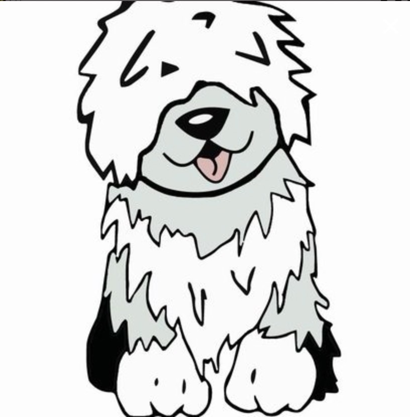 A fluffy white and grey cartoon dog with its tongue out