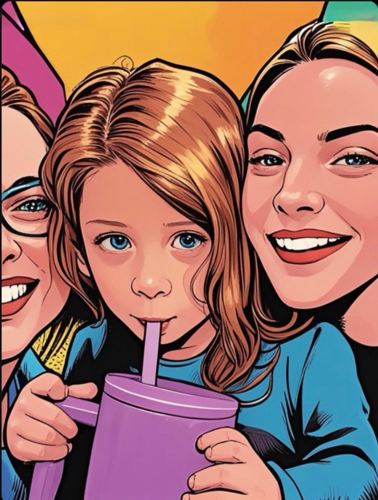 A pop-art portrait of a girl with a straw sharing a drink