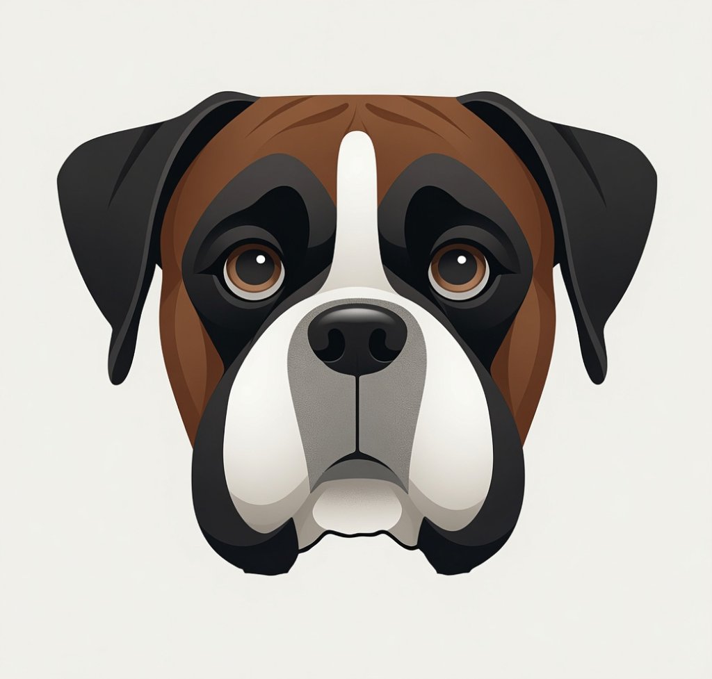 A close-up digital portrait of a brown, white, and black boxer dog's face