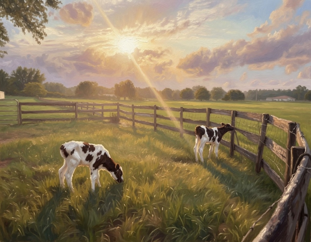 Two black-and-white calves in a sunlit meadow at sunset, sunbeams cutting across a rustic wooden fence