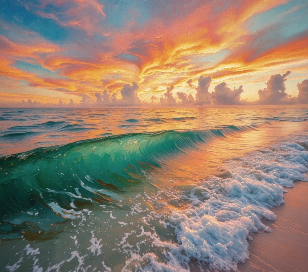 A translucent turquoise ocean wave cresting onto a sandy shore beneath a glowing orange and gold sunset sky