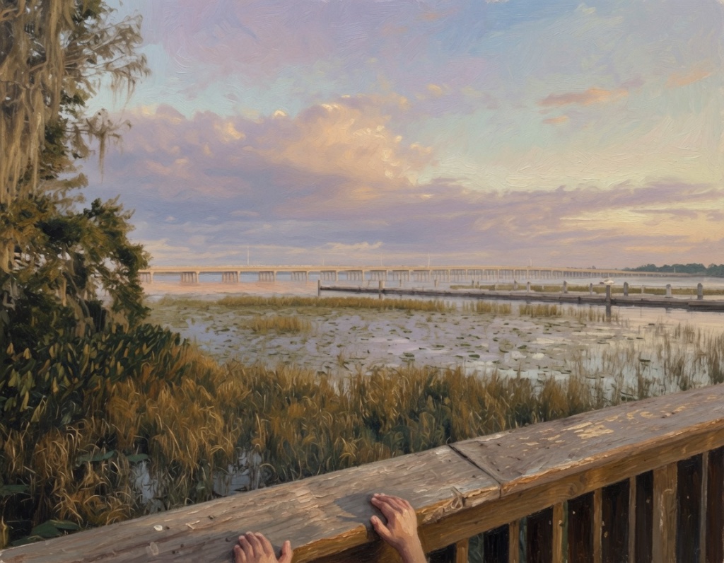 Hands resting on a weathered railing overlooking a marshland at sunset, a low bridge spanning the horizon beneath a Spanish-moss-draped tree