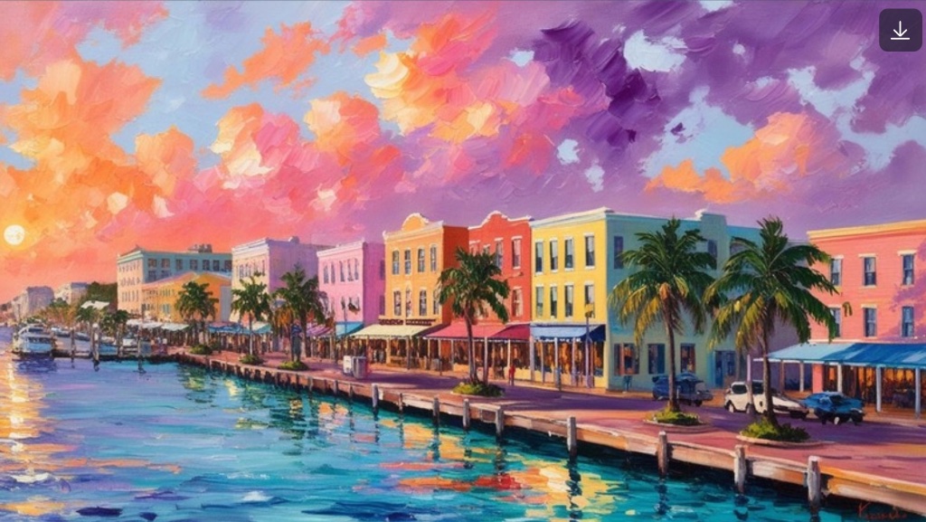 A vibrant sunset over a colorful waterfront town