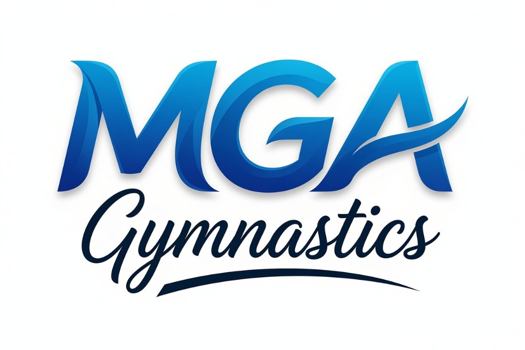 The MGA Gymnastics logo — bold blue "MGA" over a black cursive "Gymnastics" with a sweeping underline