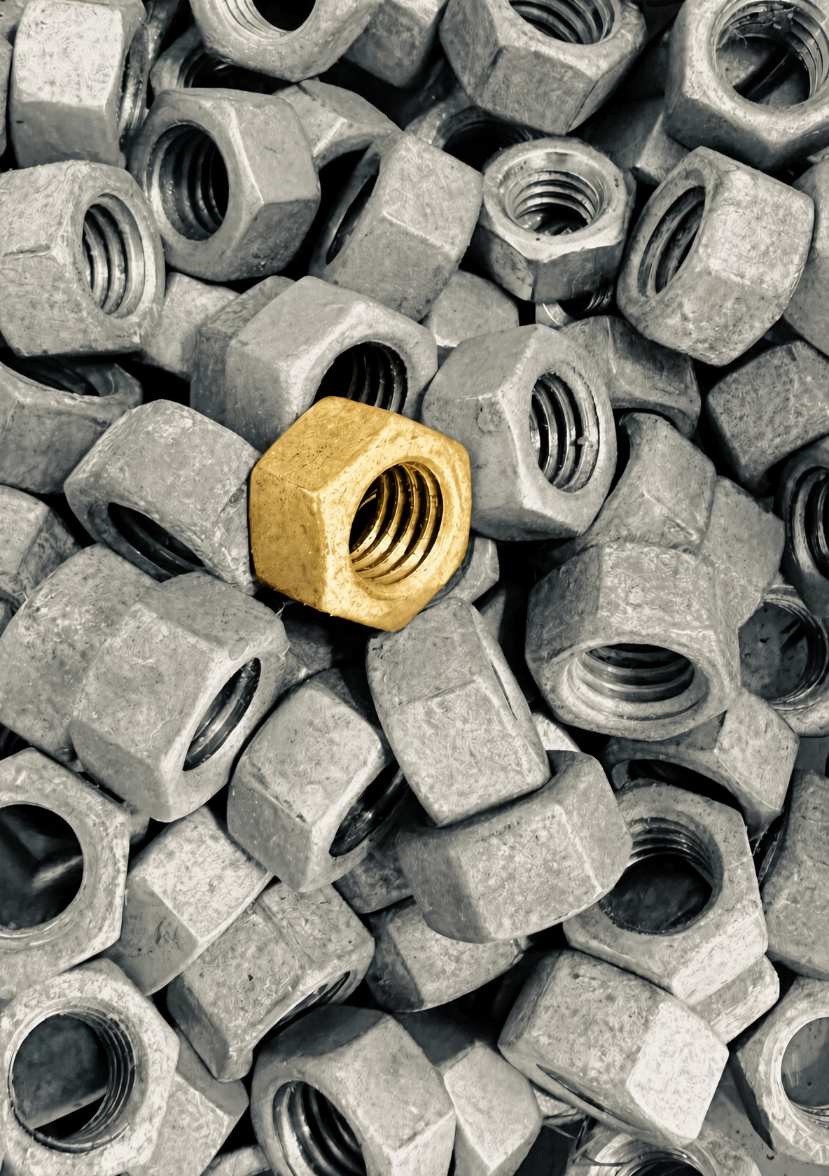 One gold bolt among dozens of grey hex nuts — standing out in the crowd
