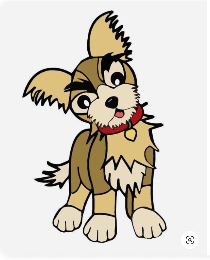 A scruffy brown cartoon dog with a red collar glancing sideways