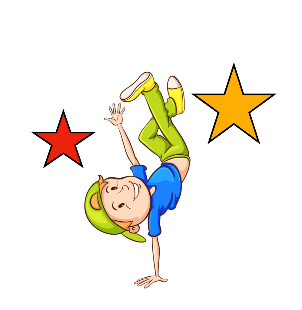 A guy balancing on one arm between two stars