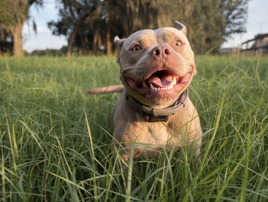 A tan pit bull grinning wide in the tall green grass at golden hour