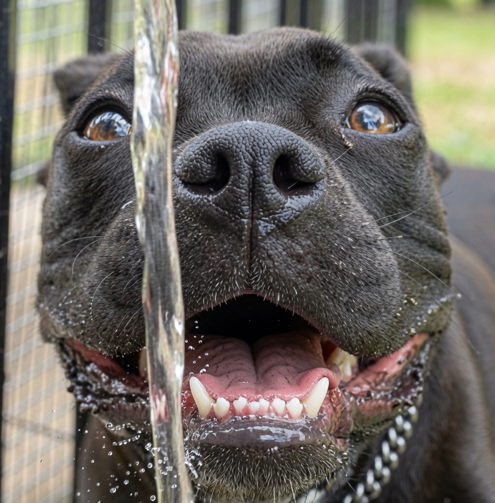 A dark dog lapping from a stream of water, amber eyes through the splash