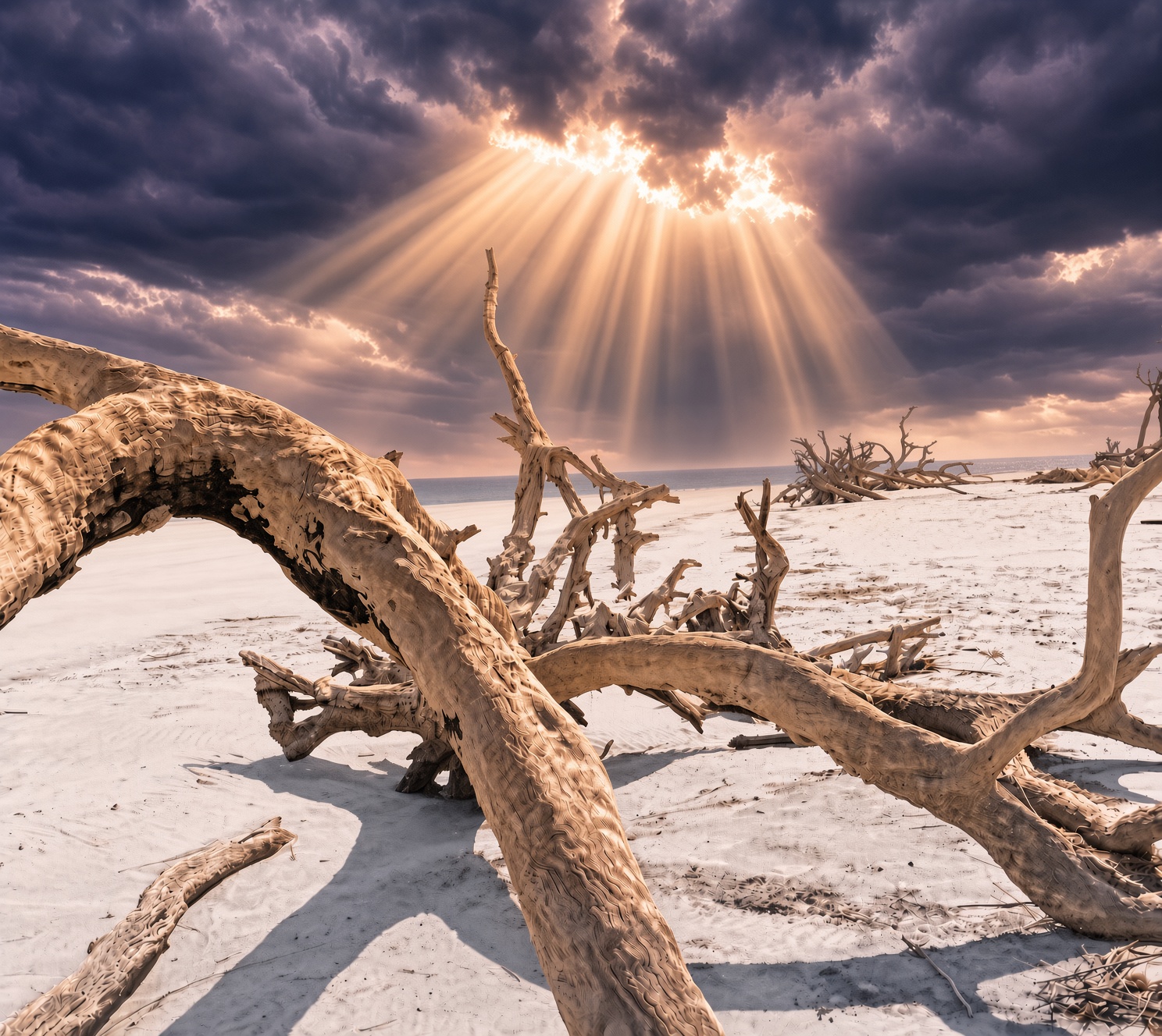 Bleached driftwood and twisted bare trees on a dramatic Florida beach under stormy rays of light