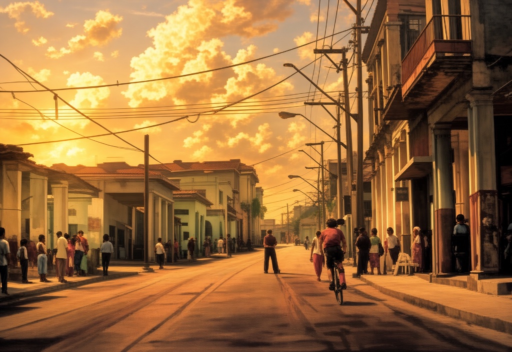 People walking down a town street at golden hour in Cuba — vintage storefronts and warm late-day light