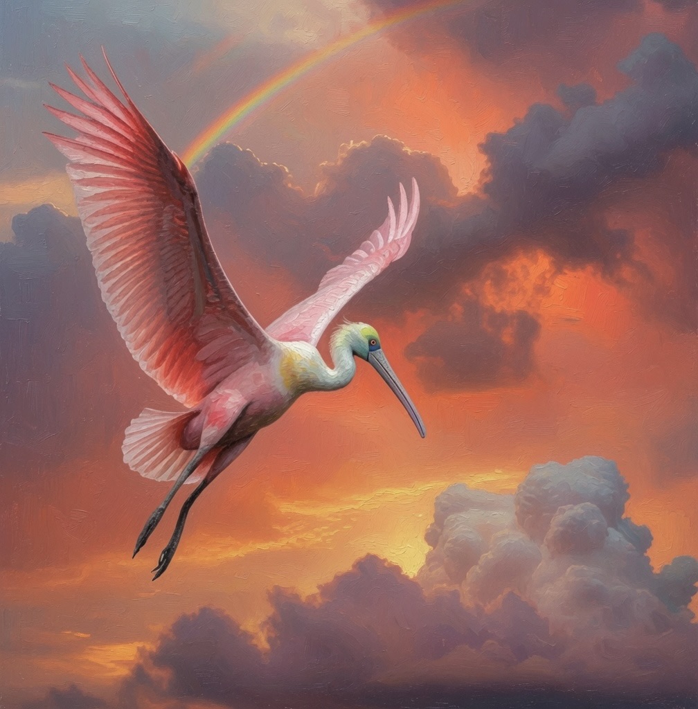 A roseate spoonbill in mid-flight against a dramatic sunset sky, a faint rainbow arcing through the storm clouds behind it