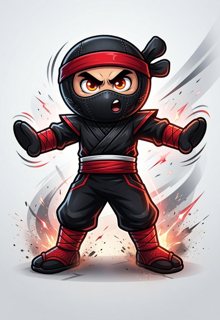 An MGA Gymnastics ninja character in a black-and-red uniform surging through red lightning