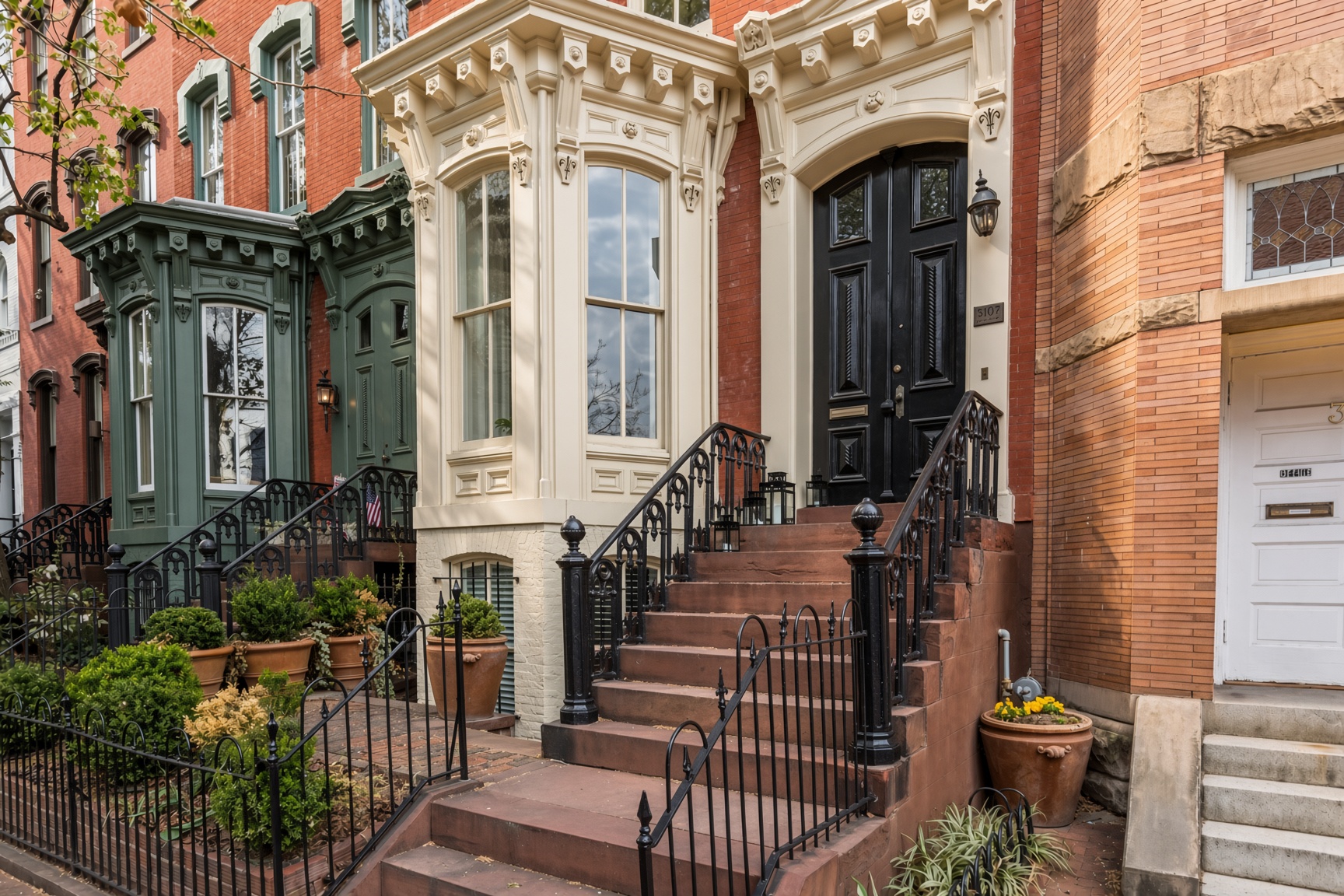Victorian-era townhomes with ornate ironwork on a tree-lined Washington DC street