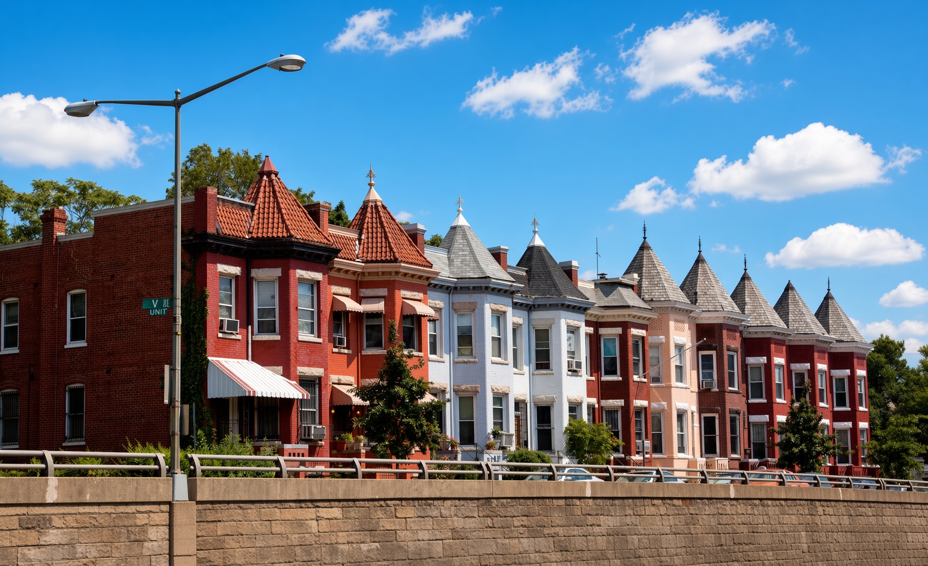 A row of colorful Victorian rowhouses with pointed turrets on a Washington DC street