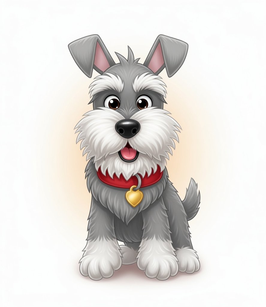 A digital illustration of a grey-and-white schnauzer dog wearing a red collar with a gold heart charm