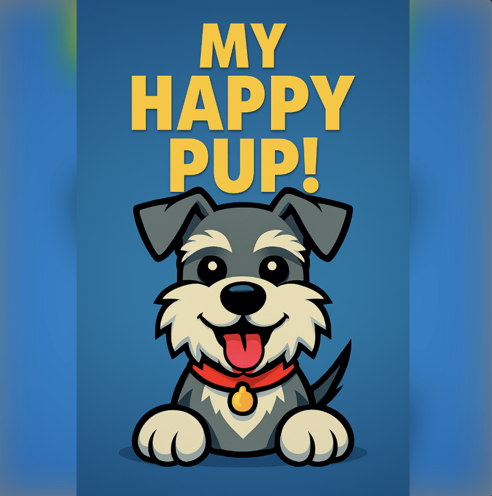 A "My Happy Pup!" poster featuring a grinning schnauzer dog with a red collar
