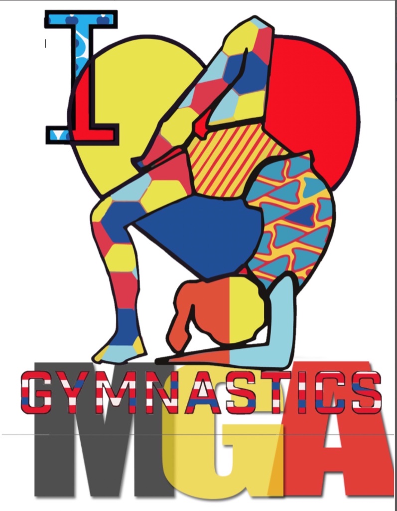 Gymnast art — a gymnast silhouette in front of a heart reading "I ❤ Gymnastics MGA"