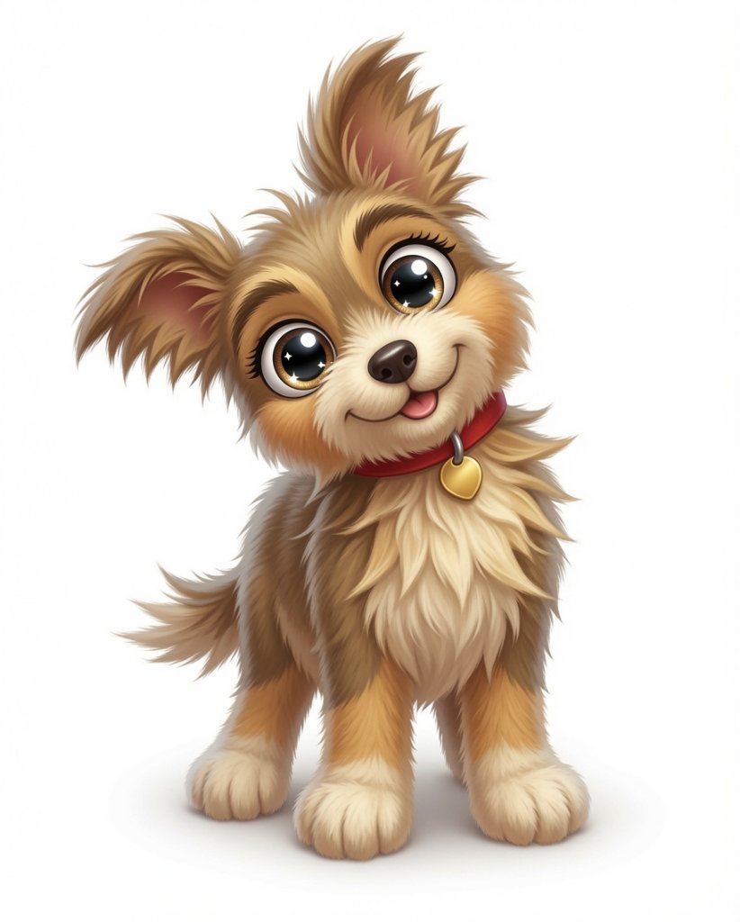 A digital illustration of a brown puppy wearing a red collar with a heart-shaped tag