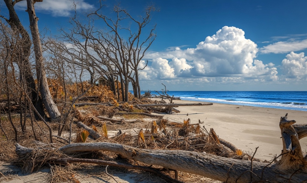 Storm-tossed driftwood and bare trees along a wild Florida Atlantic beach under a blue sky