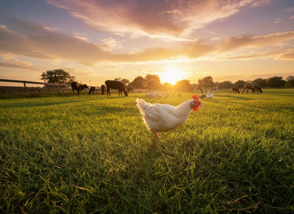A white chicken with a red comb crossing a lush green pasture at sunset, cows grazing in the distance beneath a warm golden sky
