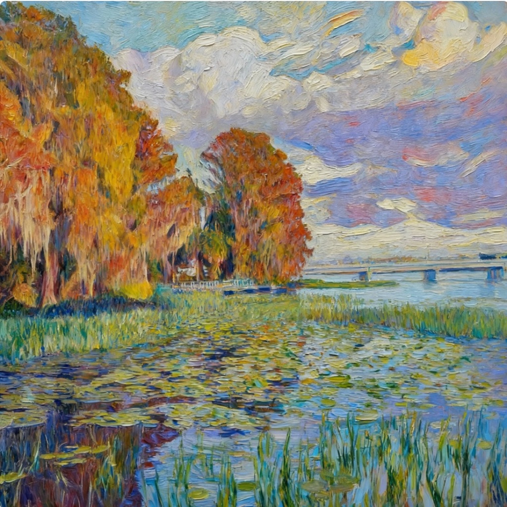 Autumn cypress trees glowing beside a still lily-covered lake