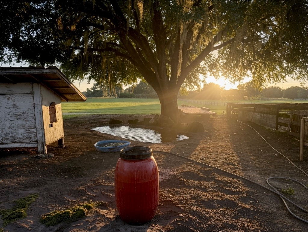 A red water barrel and a blue stock tub beneath the moss-draped oak at sunrise, the weathered coop to one side