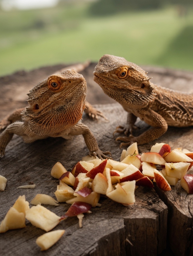 Two bearded dragons share thin apple slices on a weathered stump in the yard, tongues quick and content