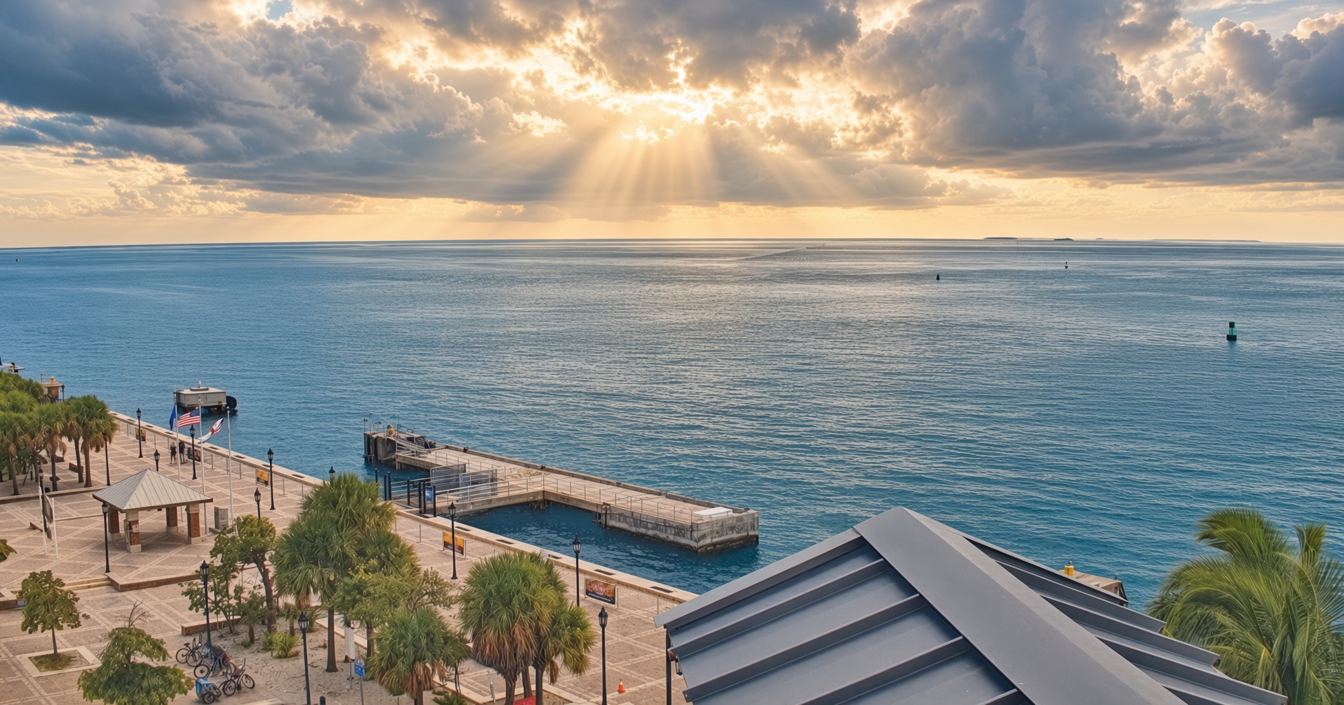 Key West waterfront at sunrise with crepuscular rays breaking through storm clouds over the ocean
