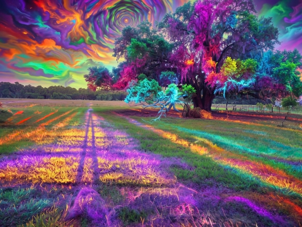 A surreal, rainbow-swirled sky over a glowing farm field and oak tree