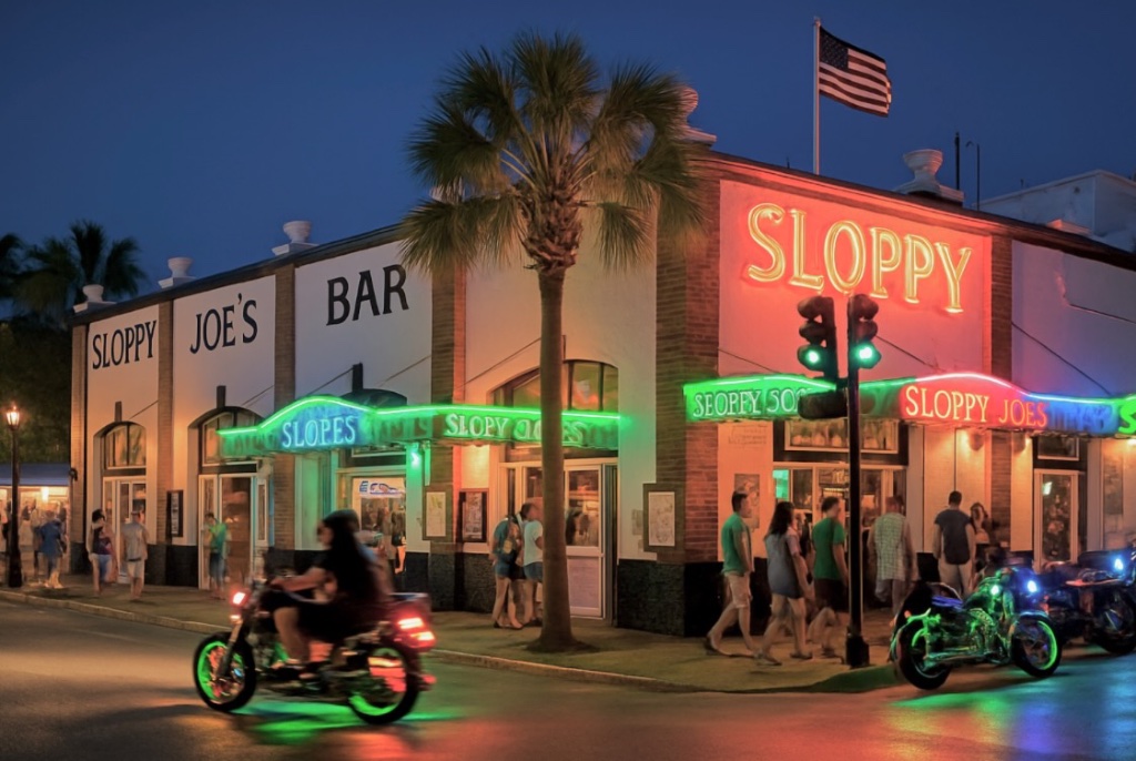 The neon-lit facade of Sloppy Joe's Bar in Key West at night