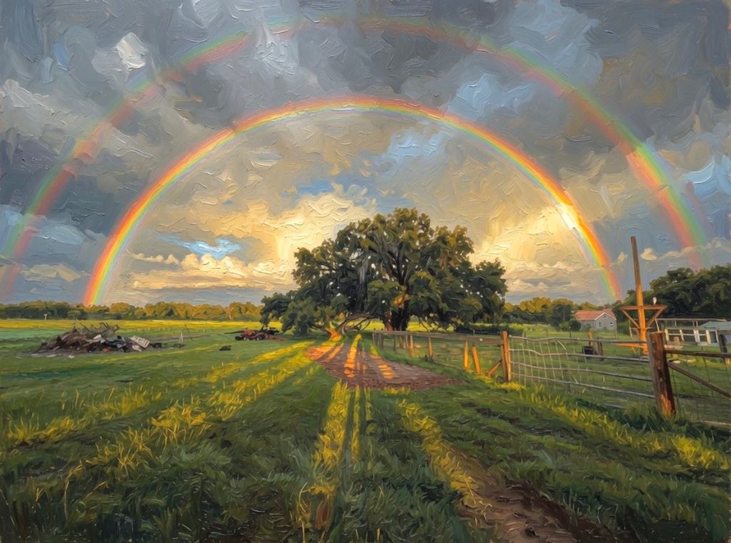 A sprawling oak tree in an open field beneath a vivid double rainbow, golden light breaking through storm clouds