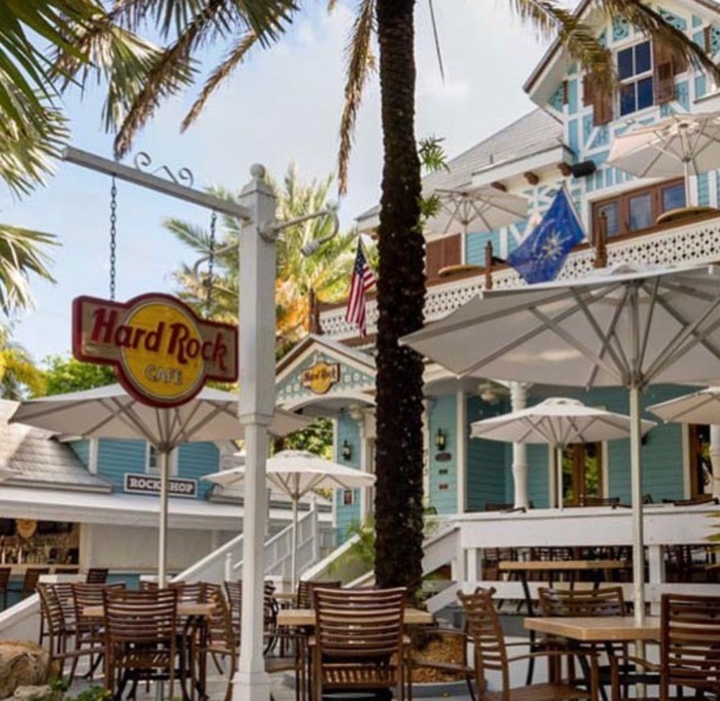 The Hard Rock Cafe tucked among Key West's pastel buildings