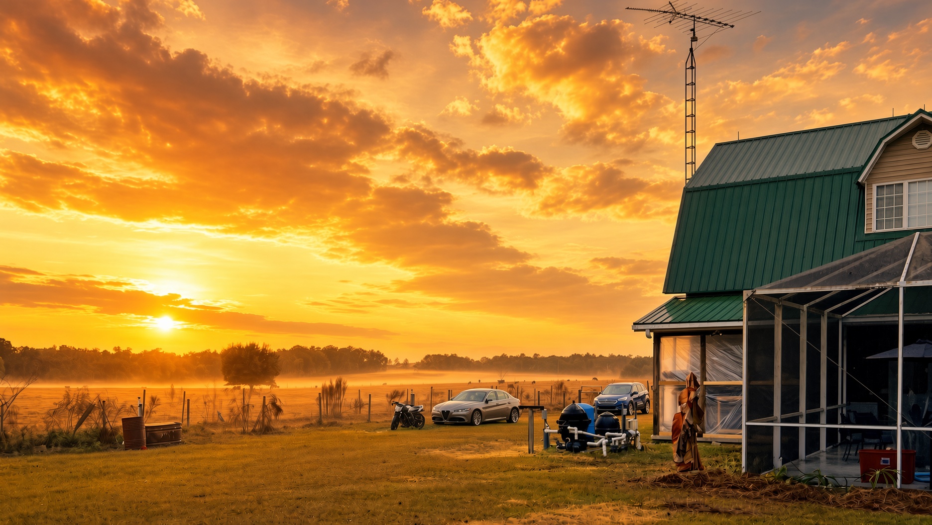 The Sunny Fields farmhouse glowing under a dramatic orange sunrise with morning fog across the field