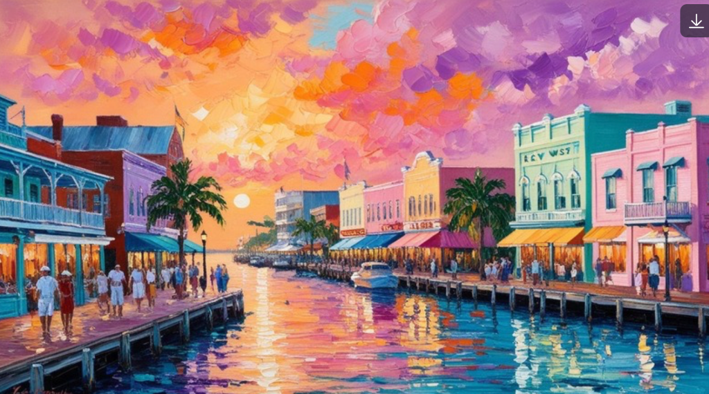 A colorful waterfront street glowing at sunset