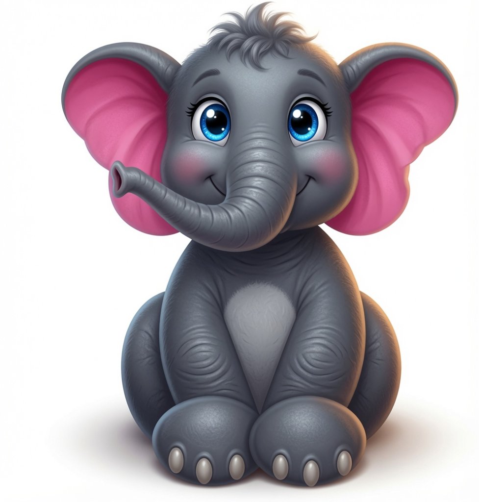 A cartoon baby elephant with large pink ears and blue eyes