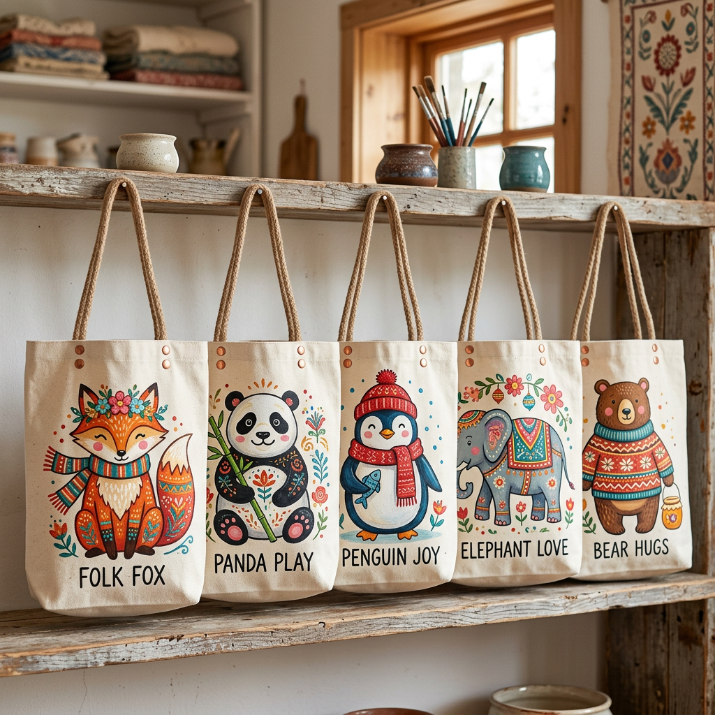 Five canvas tote bags with various animal illustrations hanging on a wooden rack